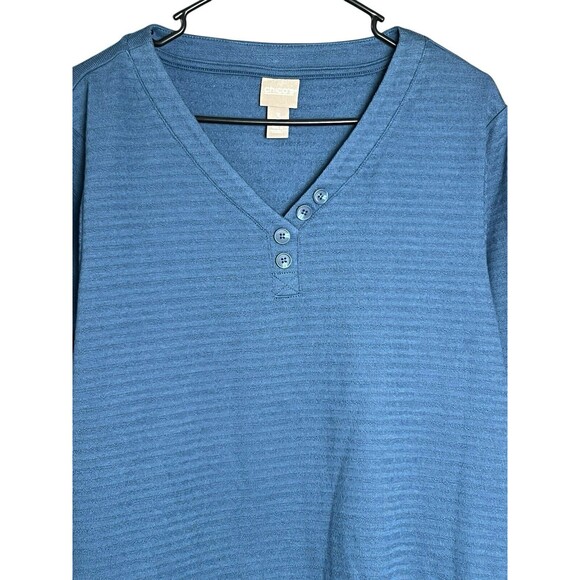 Chicos Sz 3 X-Large Blue Soft Stretch Knit V Neck Pullover Tunic Top Button - Picture 3 of 12